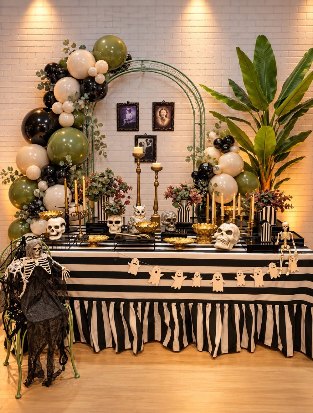 Mesa de Halloween com arco de balões e velas