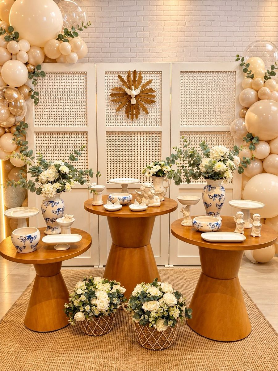 Decoração de batizado com louças brancas, flores e balões